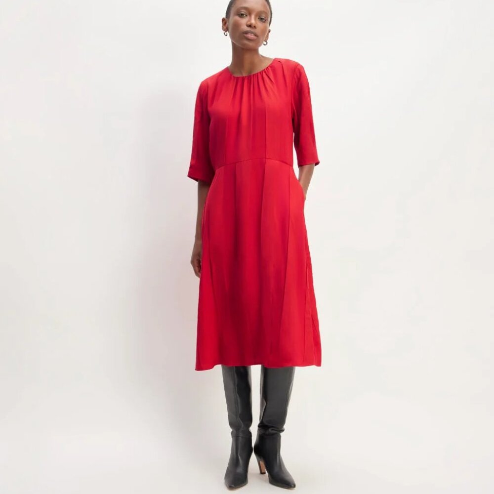 Everlane The City Stripe Ruched Dress Career Midi Red Crewneck Size 12 NWOT